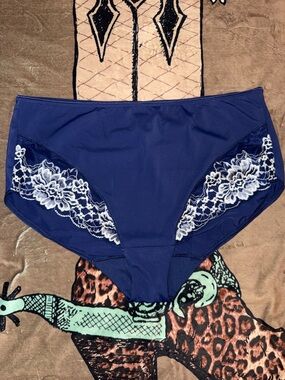 Breezies Navy Blue High-Waist Briefs with White Lace 2 pack NWT